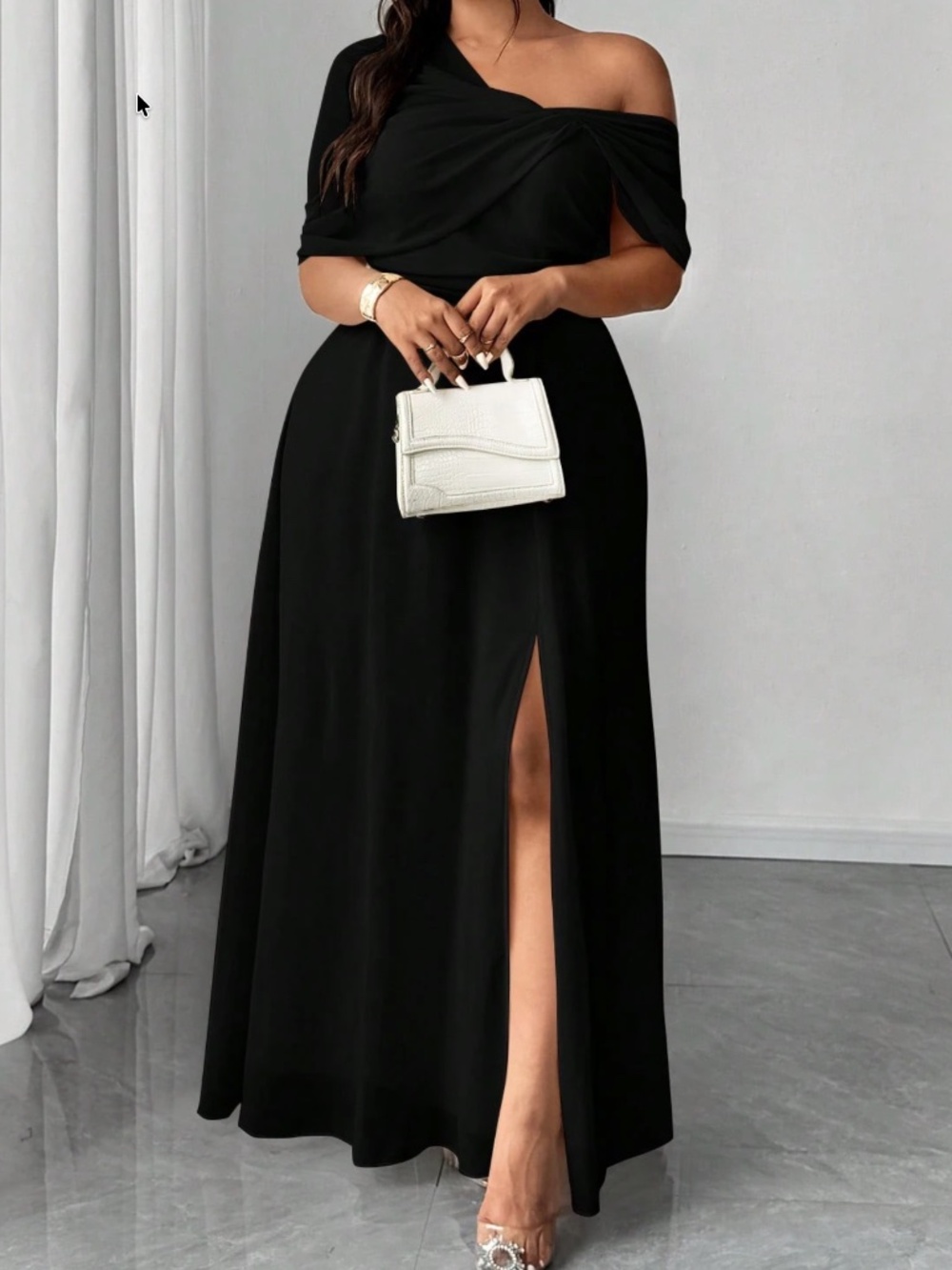 Plus Sold Ruched One Shoulder Split thigh Party Evening Dress - Picture 7 of 12